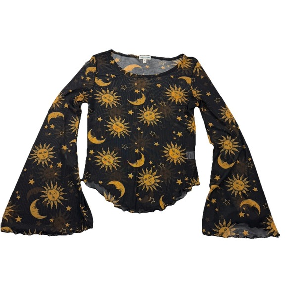 EARTHBOUND Tops - Earthbound Trading Co Mesh Celestial Sun Moon Top Bell Sleeves Black Gold Sz M